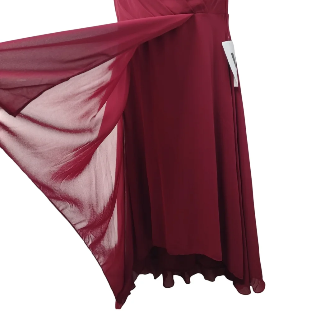 Ever Pretty Burgundy Chiffon Midi Dress US 8 V-Neck Ruffle Sleeves Size L NWT - Picture 9 of 11